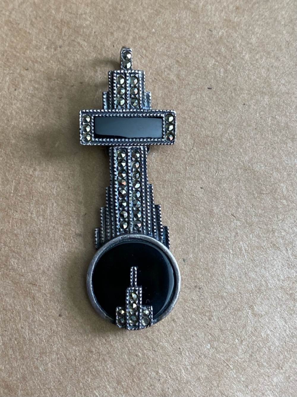 Vintage Art Deco Sterling Silver Black Onyx & Marcasite cross Pendant 925 - Picture 3 of 8